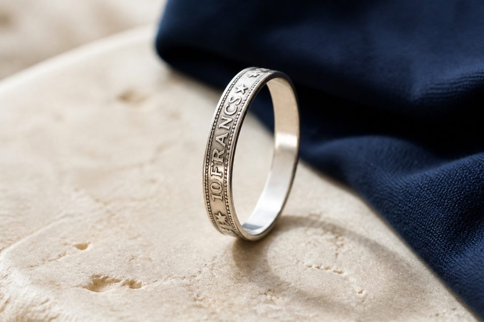 Bague en argent façonnée dans une pièce de 10 francs Hercule, posée sur une pierre claire