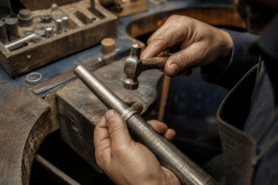 Mains façonnant une pièce d’argent en bague sur un triboulet